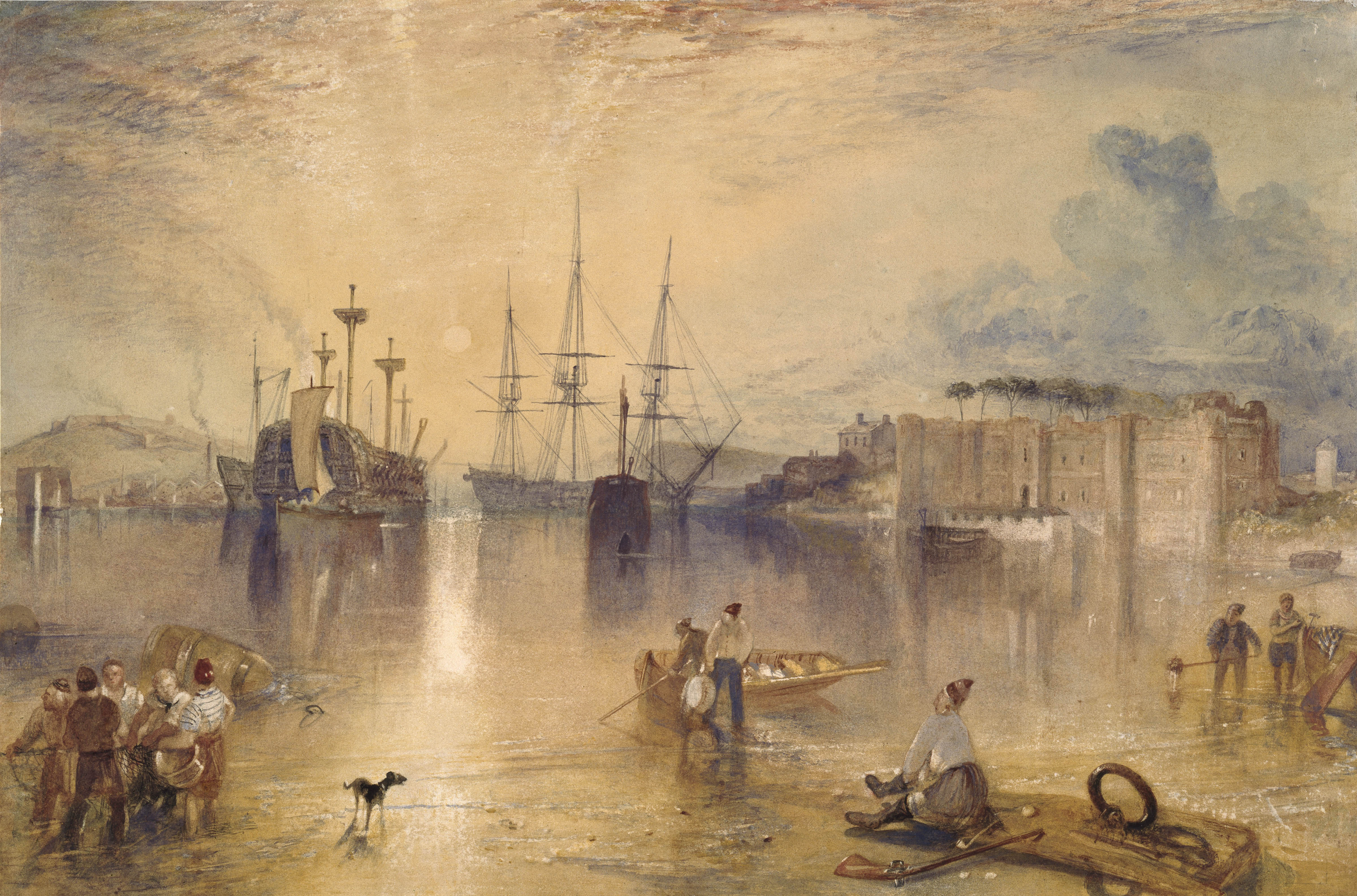 Watercolor painting of Upnor Castle, Kent, with ships and figures on a shore.