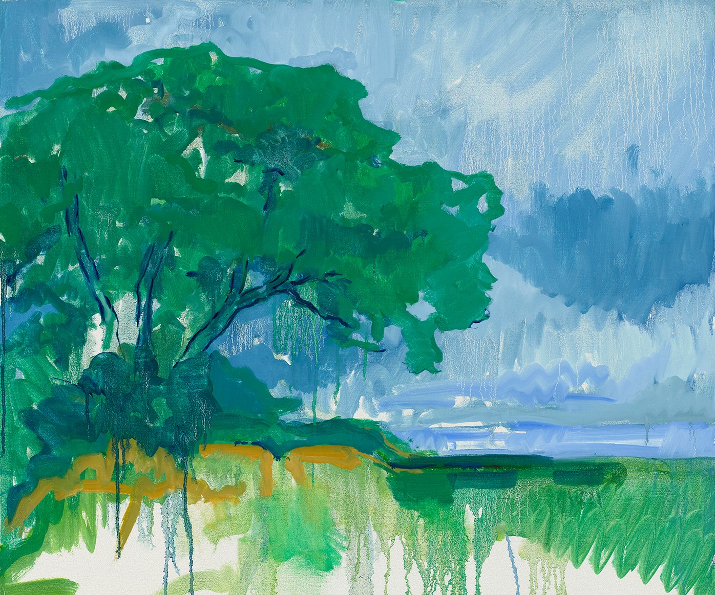 Painting of a tree under a cloudy sky.