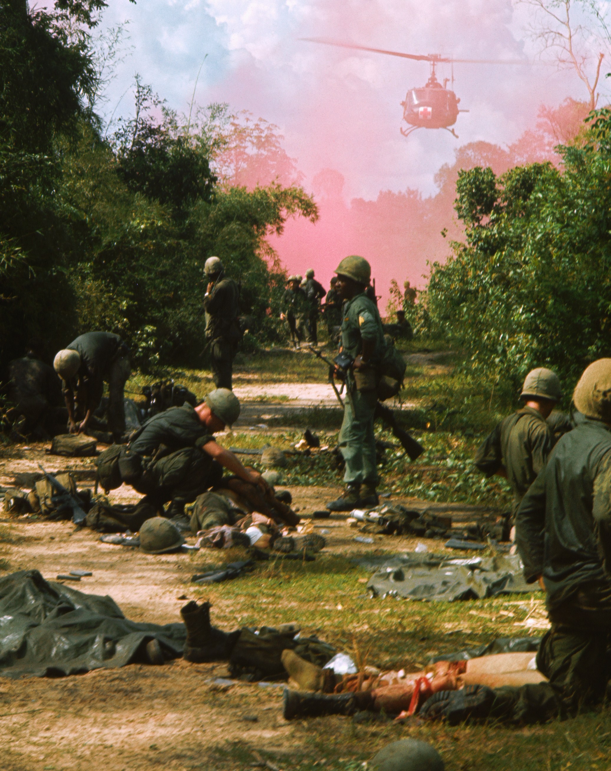A medical helicopter evacuating wounded soldiers after an ambush in Vietnam.