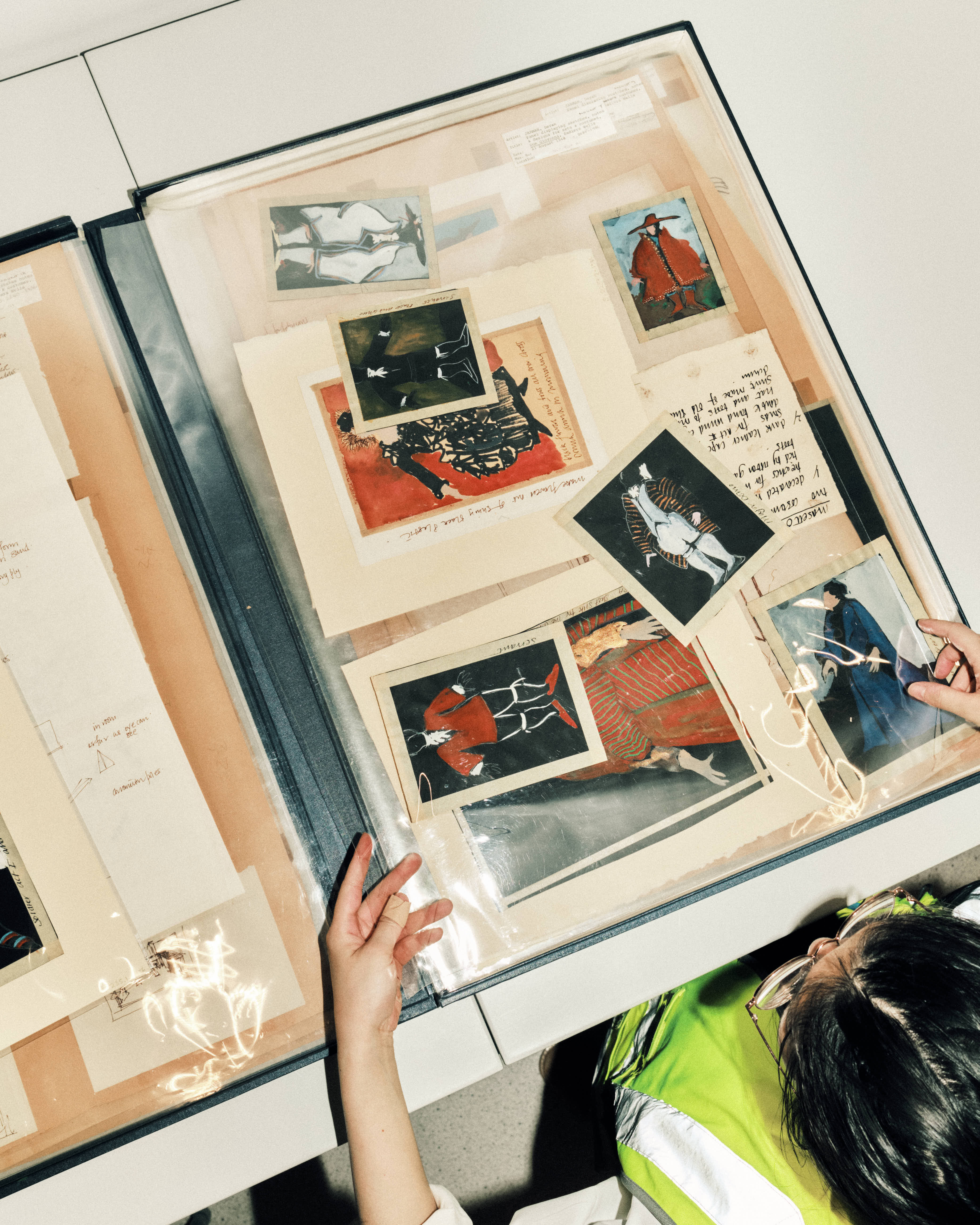 Mounted board of Derek Jarman's costume designs and notes for Don Giovanni.