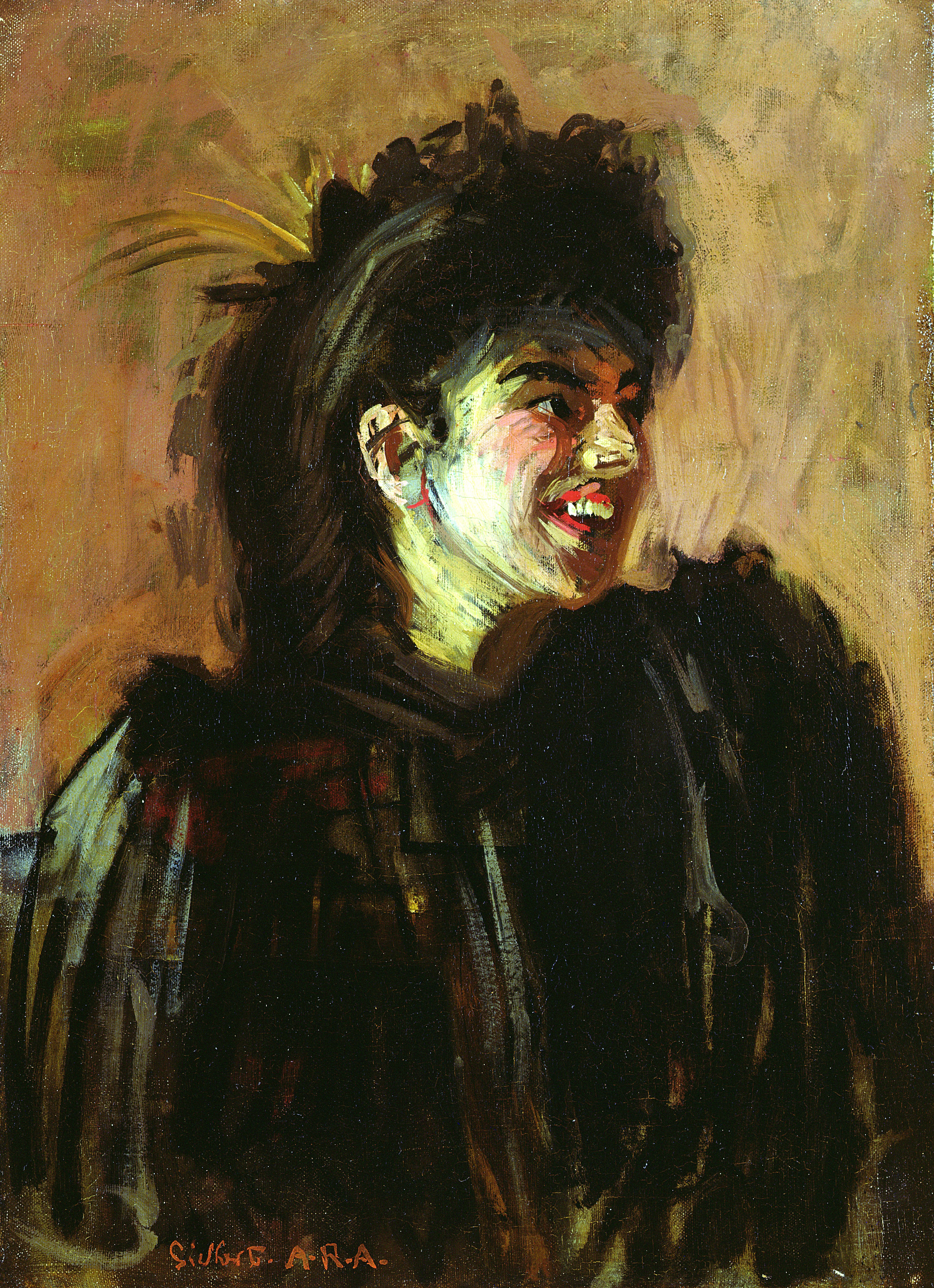 Oil painting of a laughing woman wearing a dark hat.