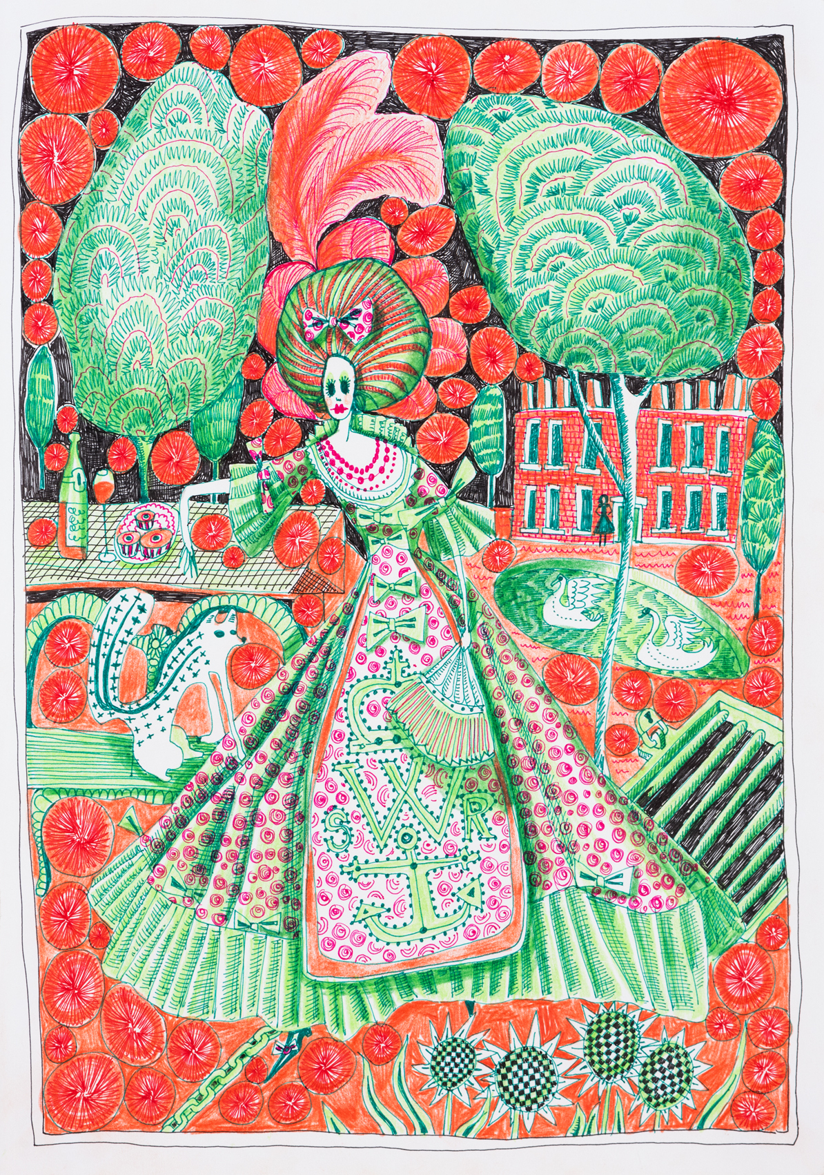 Illustration of a woman in an elaborate dress in a garden setting.