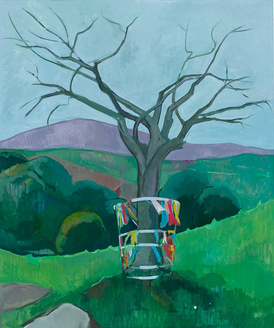Illustration of a bare tree in a container, set against a landscape.