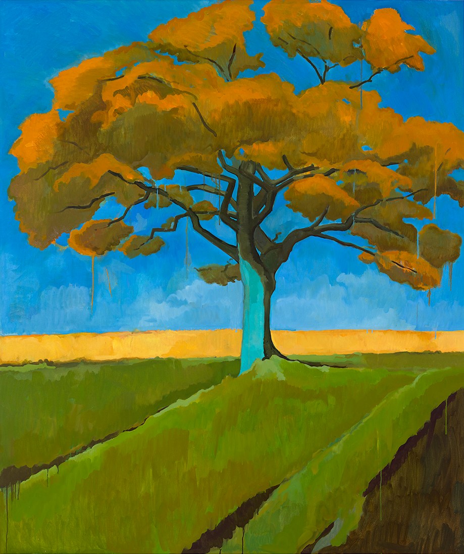 Illustration of a tree with orange leaves in a field.
