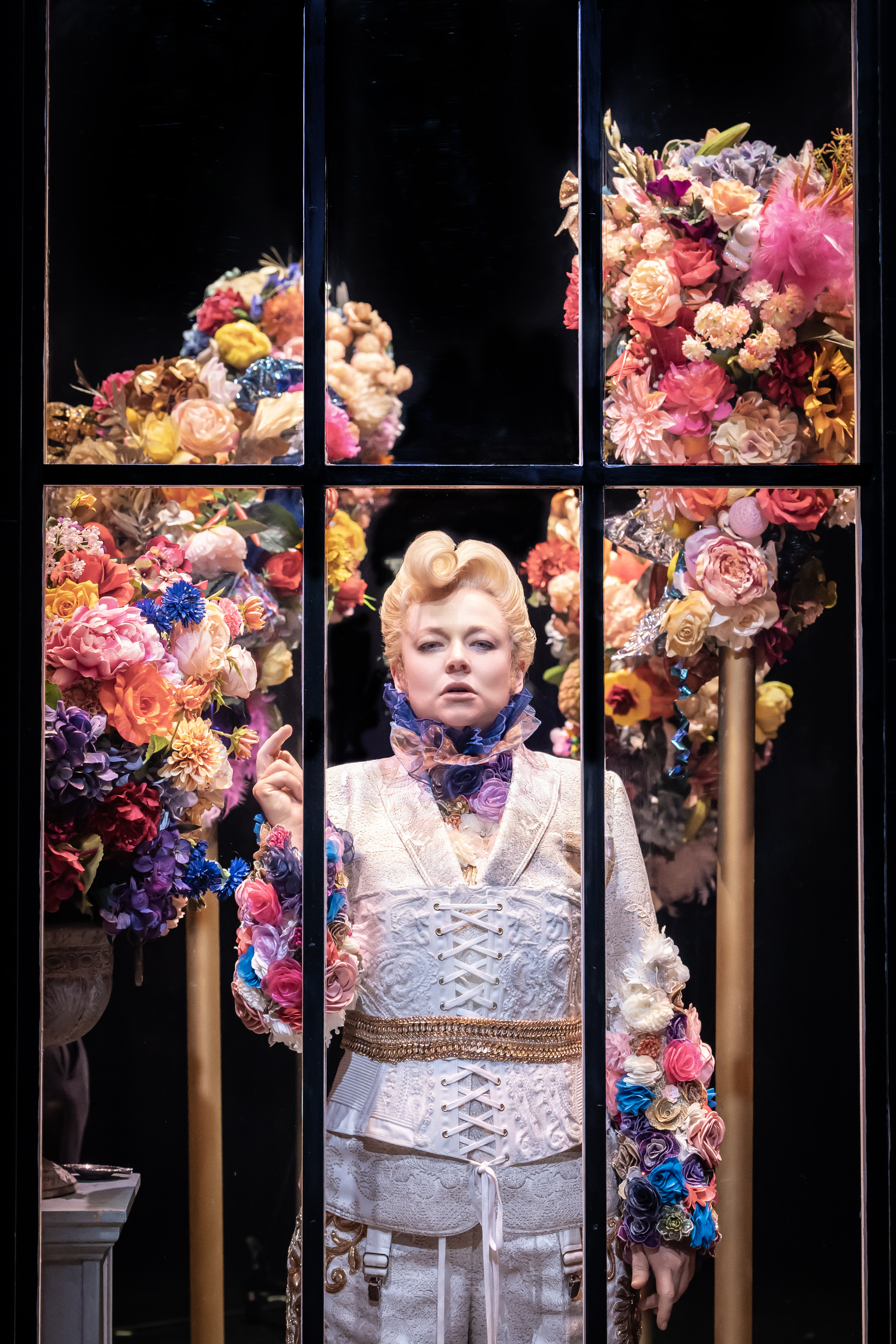 Sarah Snook in a floral costume for a production of *The Picture of Dorian Gray*.