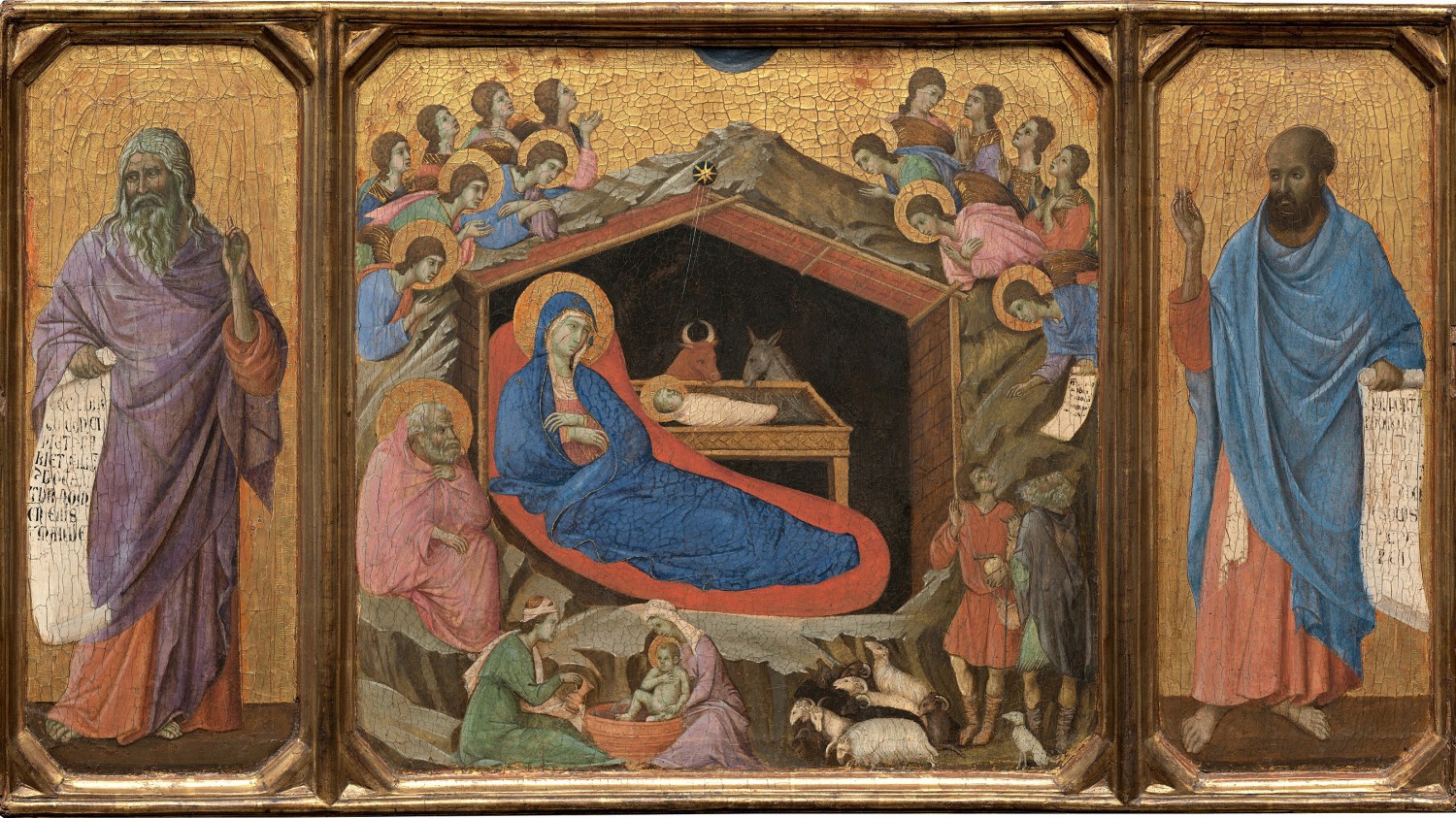 Triptych depicting the Nativity scene with angels, shepherds, and prophets.